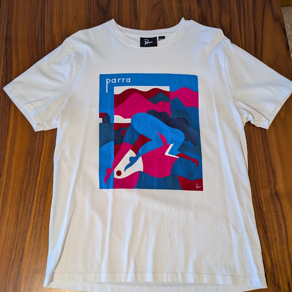 Parra White Short Sleeve Graphic Tee - Blue & Pink Artwork